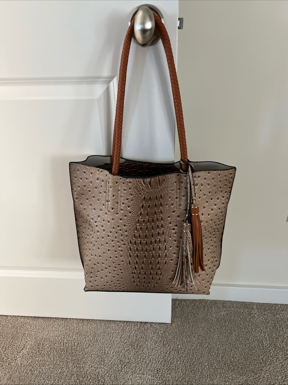 Ostrich Textured Shoulder Tote Braided Handles Detachable Inner Pouch